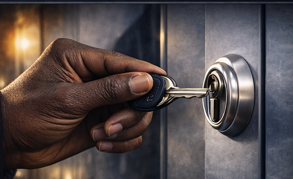 Black locksmith hand using key in lock